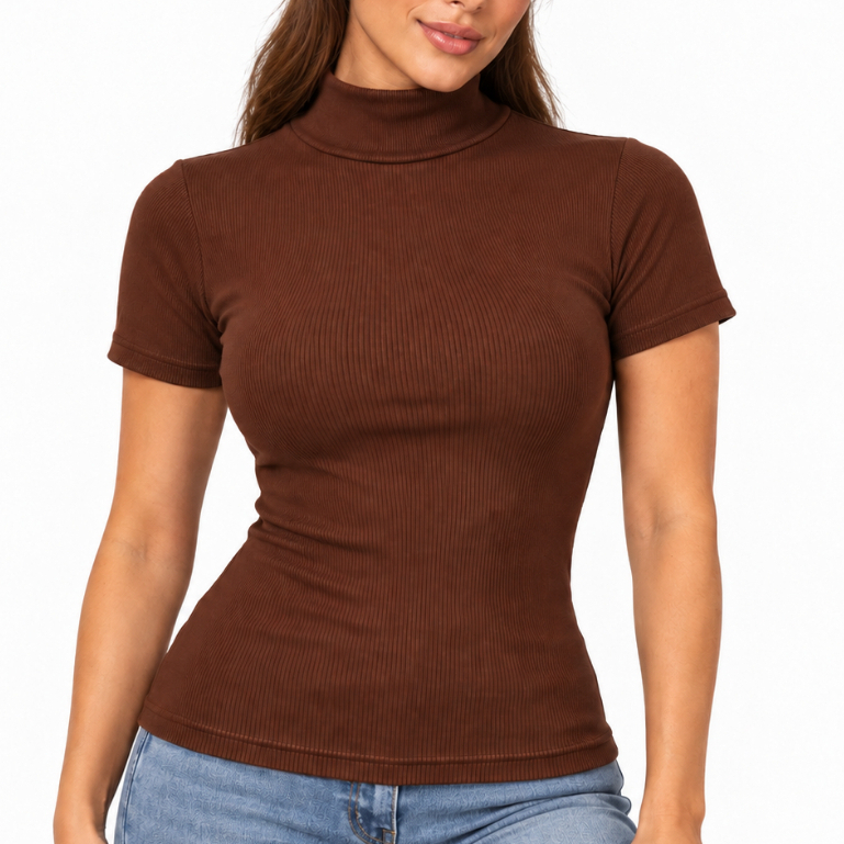 Blusa Canelada Feminina Gola Alta Manga Curta Casual Estilosa Canelado Premium
