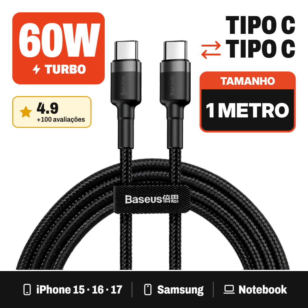 Cabo Baseus USB-C para 60W Cafule Nylon Turbo PD 1m 2m 0.5m iPhone 15 16 17 18 Samsung Notebook MacBook