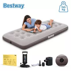 Colchão Inflável Bege Solteiro Suporta Até 150kg Camping Praia + Bomba de Ar Manual Bestway