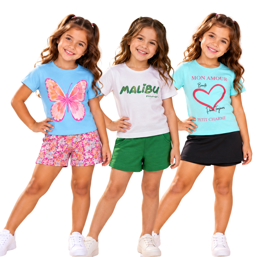 Conjunto Infantil Menina Verão  Kit 3 conjuntos Blusa Short algodão confortável tamanho 1 ao 12