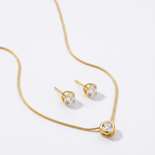 Conjunto Colar e Brincos Dourados com Pedra Redonda Ponto de Luz Feminino Delicado conjunto ponto de luz