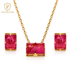 Conjunto Colar e Brincos Pedra Rosa Pink Retangular 10x14 mm Banho Ouro ou Prata Semijoia Feminina Garantia 1 Ano