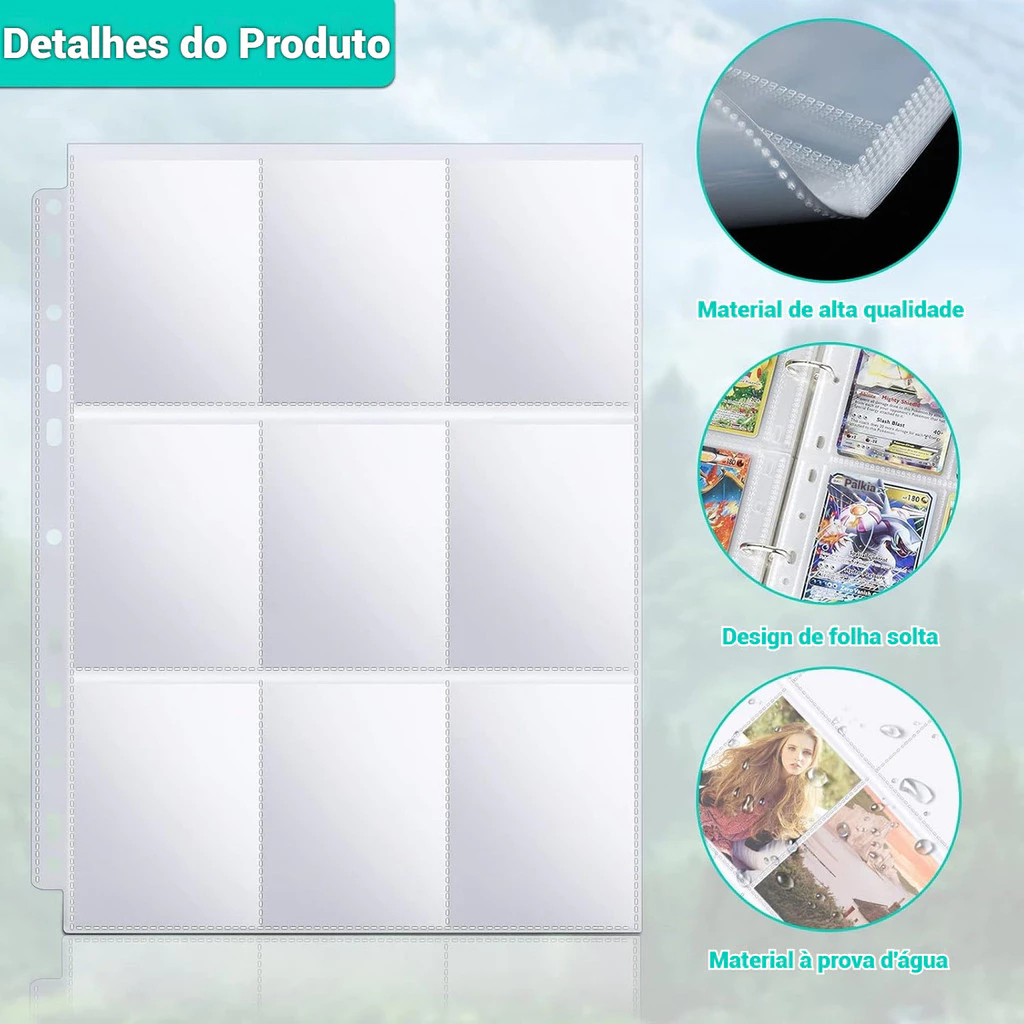 Kit 50/100 Folhas Fichário Cards A4 9 Bolsos Dupla Face Pokémon Magic Yugioh Kpop Photocard Álbum Colecionador — imagem 2 de 2