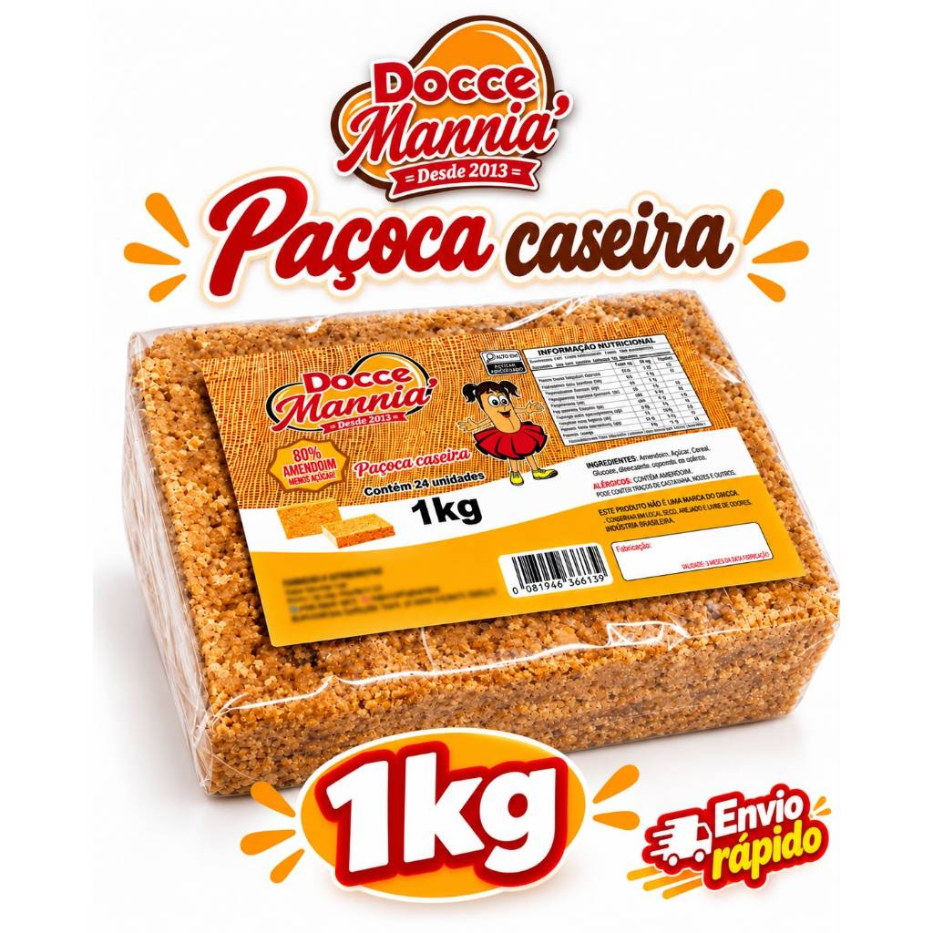 Paçoca Pouco Açúcar Pacote 1Kg com 24 Und