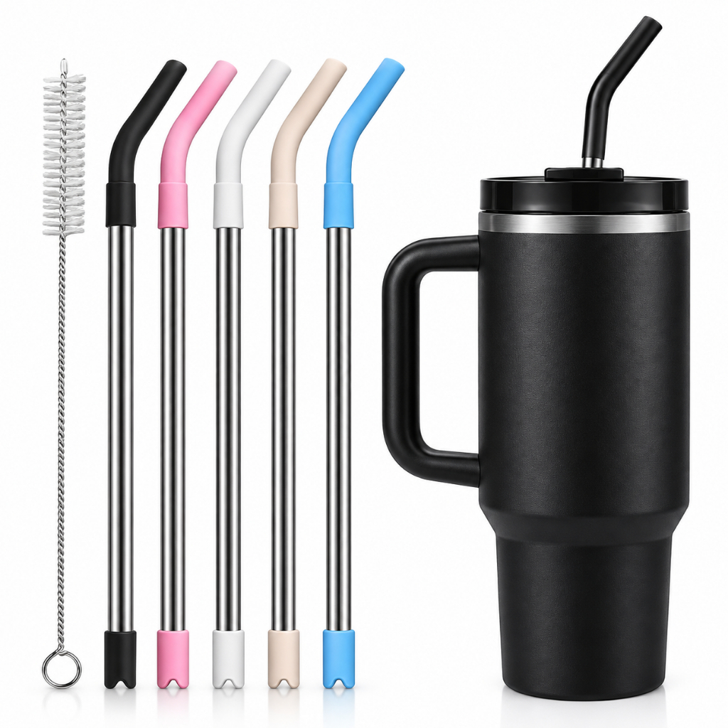 Canudo Inox Reutilizável com Ponta de Silicone – Curvo e Reto, Colorido, Sustentável, Para Copos e Garrafas