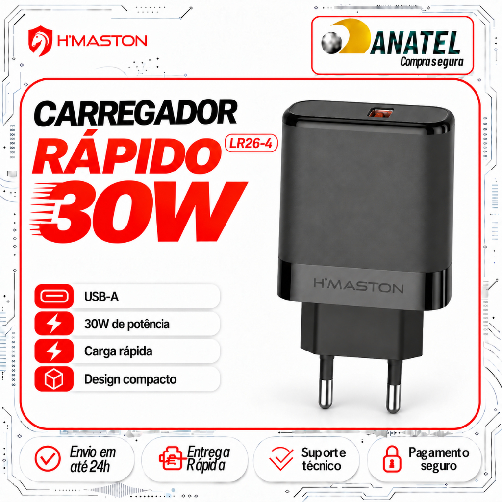 Carregador Turbo 30W USB-A Bivolt Carga Rápida Fonte de Tomada Android iPhone Smartphone Celular USB H'Maston LR26-4