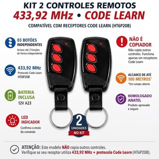 Kit 02 Controles para portão eletronico  3 Botões Hombrus 433,92mhz Alarme Motor universal