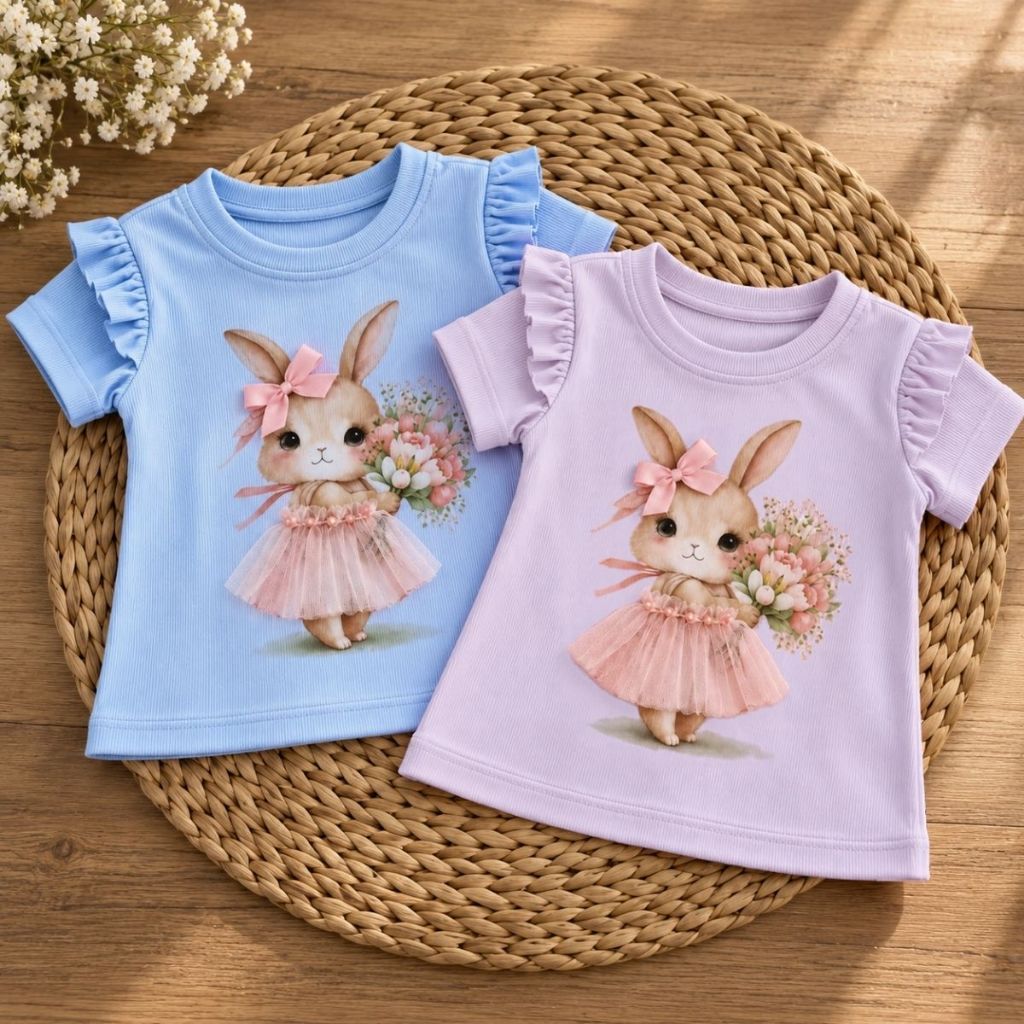 Blusa Bebê Menina Coelhinha Canelada Verão Manga Babado Infantil - REF1435
