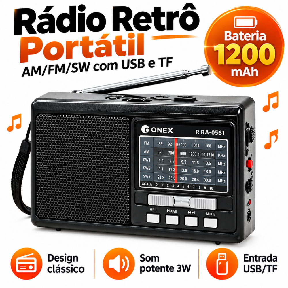 Rádio Portátil Retro AM FM SW1-6 com USB MP3 Player Bateria Recarregável 1200mAh Alto Falante 3W para Camping Viagem Cas
