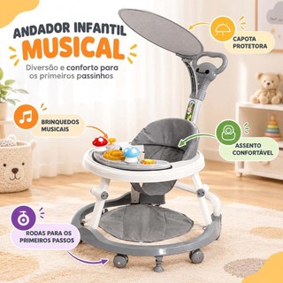 Andador Bebê Musical com Capota e Altura Ajustável - Unissex, Seguro e Confortável！