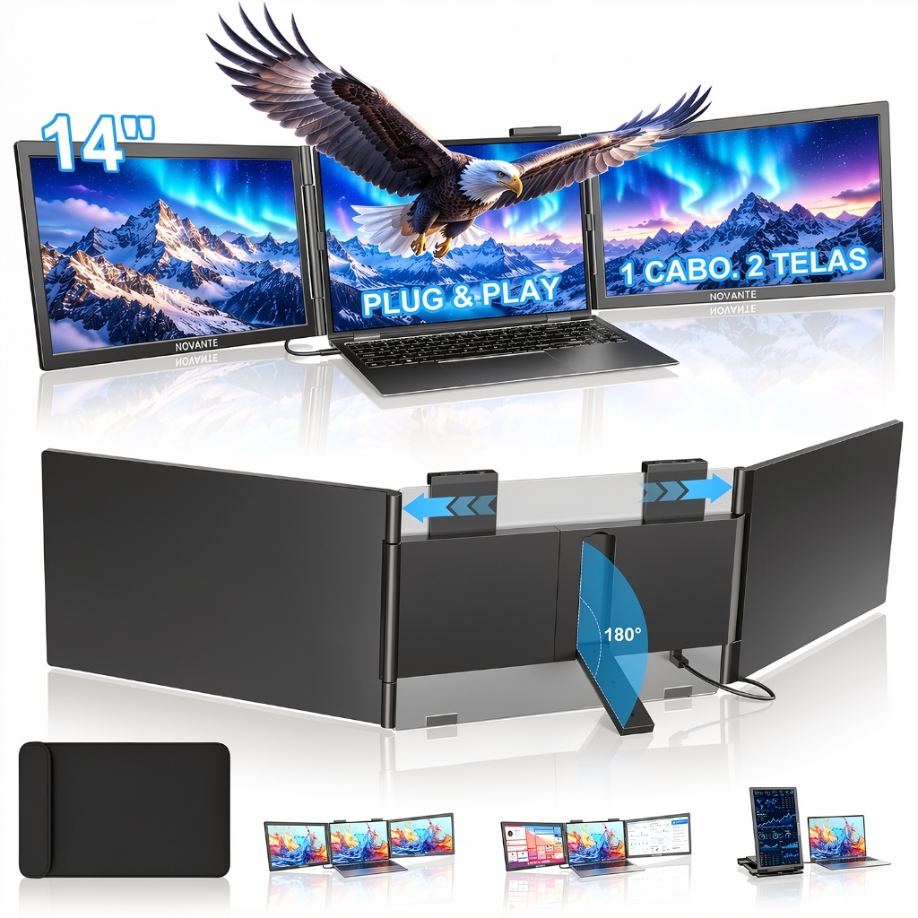 NOVANTE Extensor de Tela Duplo para Notebook 14" 2 Telas FHD 1080P IPS Monitor Portátil USB‑C Compatível Windows Mac