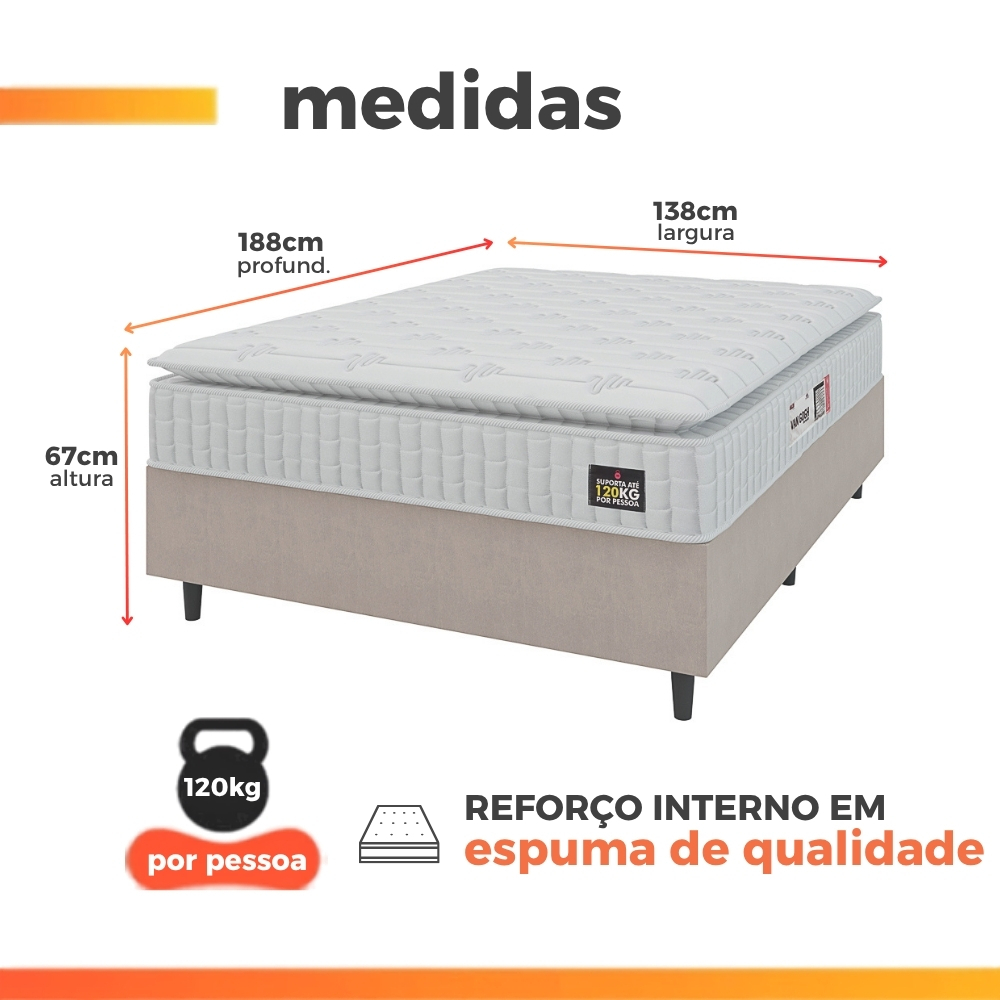 Cama Box Colchão Casal Espuma D33 Vangogh Pillow Top 138x188x67cm Branco / Bege Hellen - Suporta até 120kg por Pessoa · foto 2