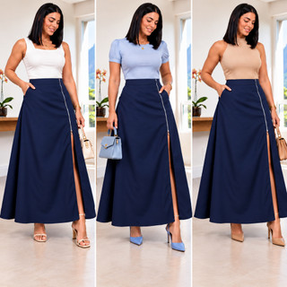Saia Longa Alfaiataria Bela Fenda  Feminina Cintura Alta Social com Bolso Ziper Lateral Godê  Evase Elegante P081