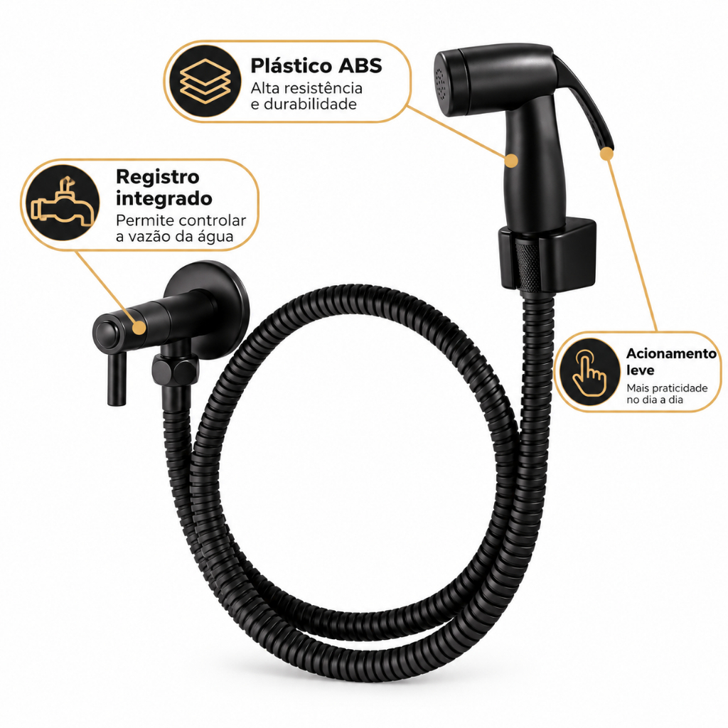 Ducha Higiênica Chuveirinho para Banheiro Completa com Registro Integrado em ABS Preto · foto 2