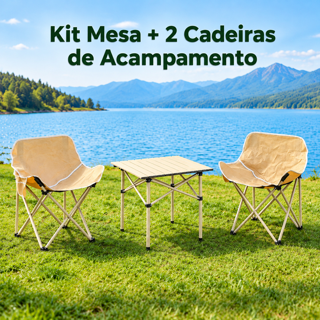 Conjunto de Camping Mesa Quadrada Dobrável 2 Cadeiras Lua Portátil Resistente, Praia Trilha Viagem Ar Livre