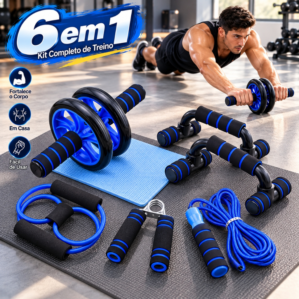 Kit Fitness 6 em 1 Roda Abdominal Flexão Corda Elástico Hand Grip Tapete Treino em Casa