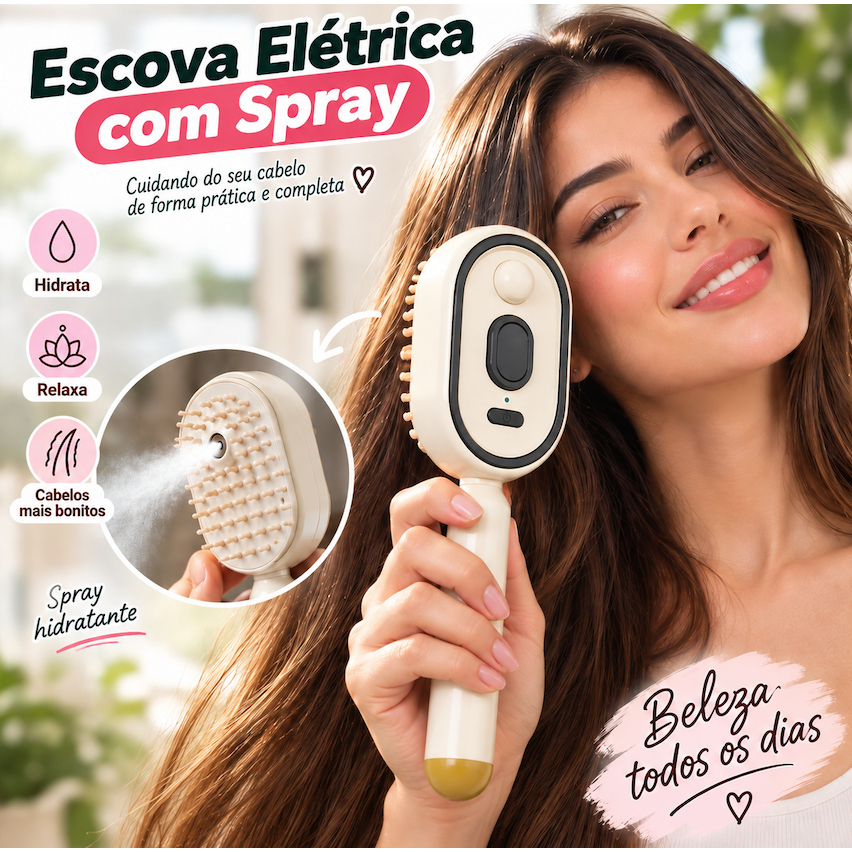 Escova de Cabelo Elétrica 3 em 1 com Spray Massageadora de Couro Cabeludo Recarregável USB-C