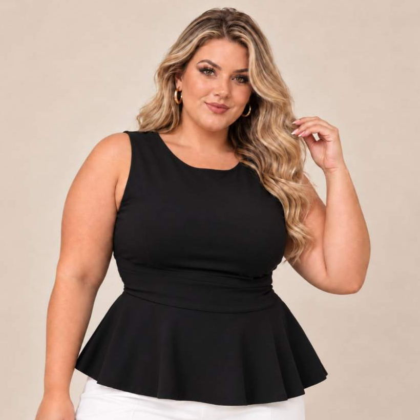 Blusa Plus Size Peplum Elegante Chic Suplex Preto Confortavel Casual Noite Escritório Moda Tendencia Primavera Verão 26