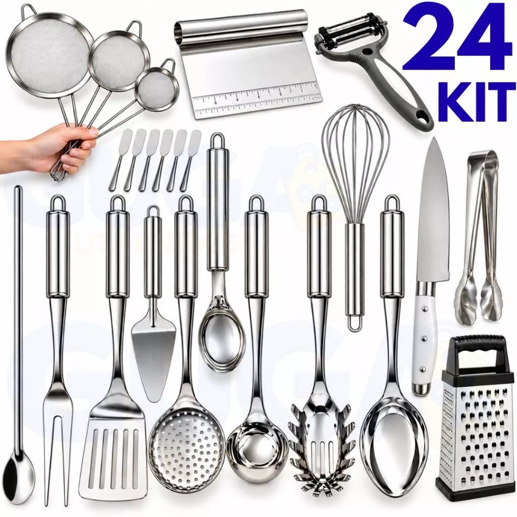 Utensílios Inox Premium – Mixer, Ralador, Amassadores, Peneiras, Espátulas , Espátula Tubular, Concha, Colheres JOGO — imagem 1