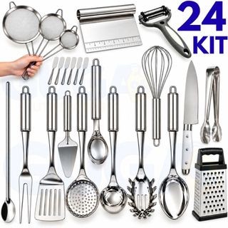 Kit Utensílios de Cozinha Inox 24 Peças Colher de Arroz Concha Escumadeira Espátula Vazada Pegador