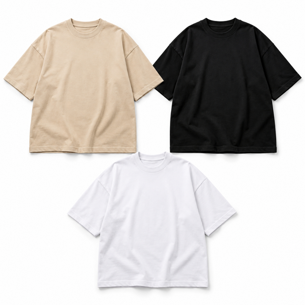 Kit 3 Camisetas Oversized Masculina Básica Preta Branca BegeKIT 3 CAMISETAS OVERSIZED MASCULINAS LISAS - 100% ALGODÃO  P
