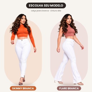 Calça Jeans Branca Feminina Skinny e Flare Cintura Alta Enfermagem Hospital Com Elastano Boca de Sino