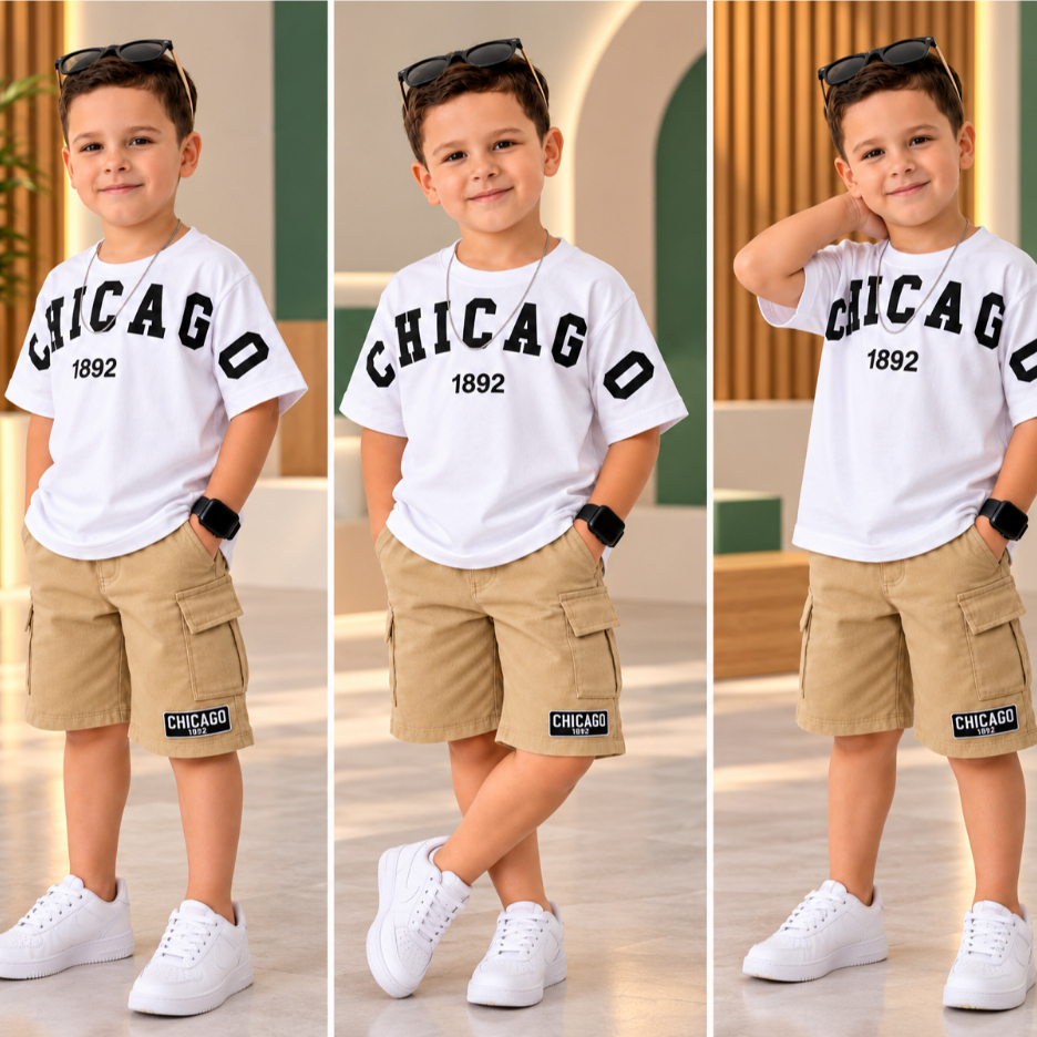 Roupa de Menino - Blusa Algodão + Bermuda Moletinho - Conjunto Infantil Masculino - 2 a 12 Anos