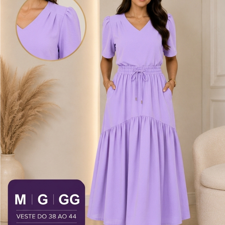Conjunto Feminino Saia Longa - Mídi e Blusa Manga Curta Cintura Alta com Bolso Tecido leve Forrado Moda Evangélica