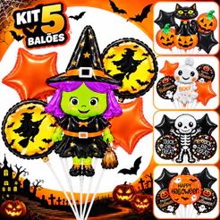 Kit 5 Balões Halloween Metalizados Preto | Decoração de Festa, Centro de Mesa e Tema Halloween