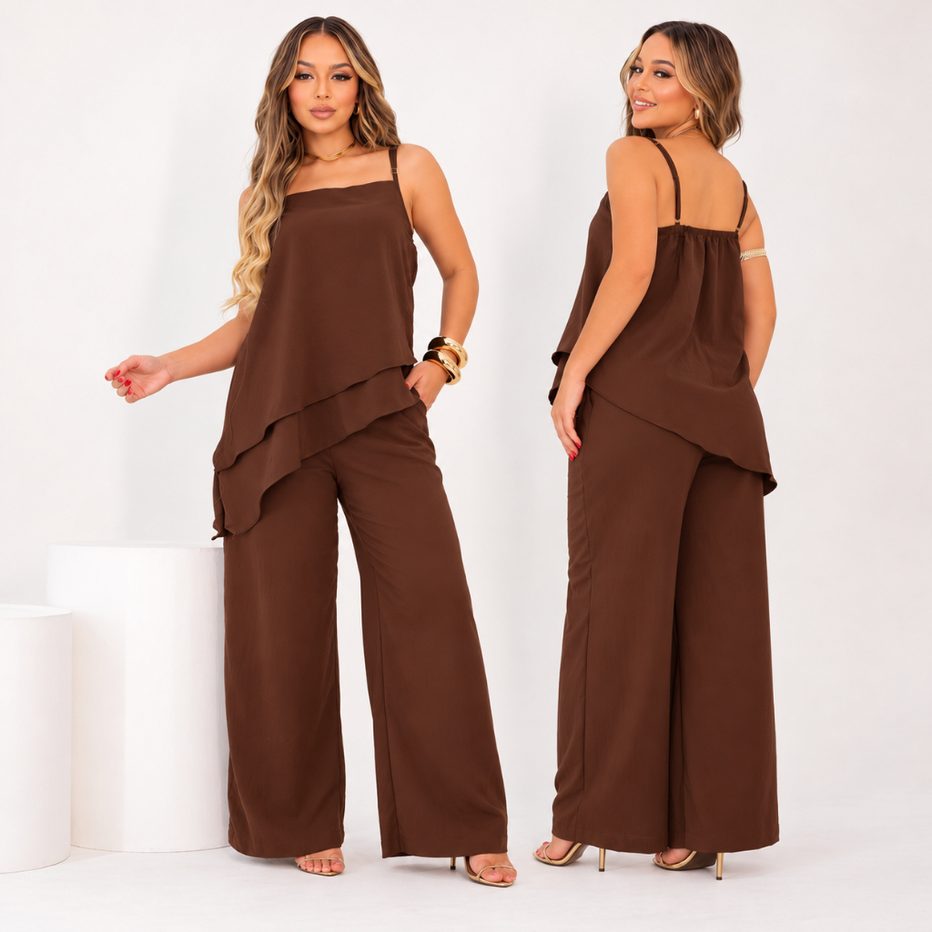 Conjunto Calça Pantalona Blusa Alcinha Assimétrica Camadas Crepe Alfaitaria M G GG