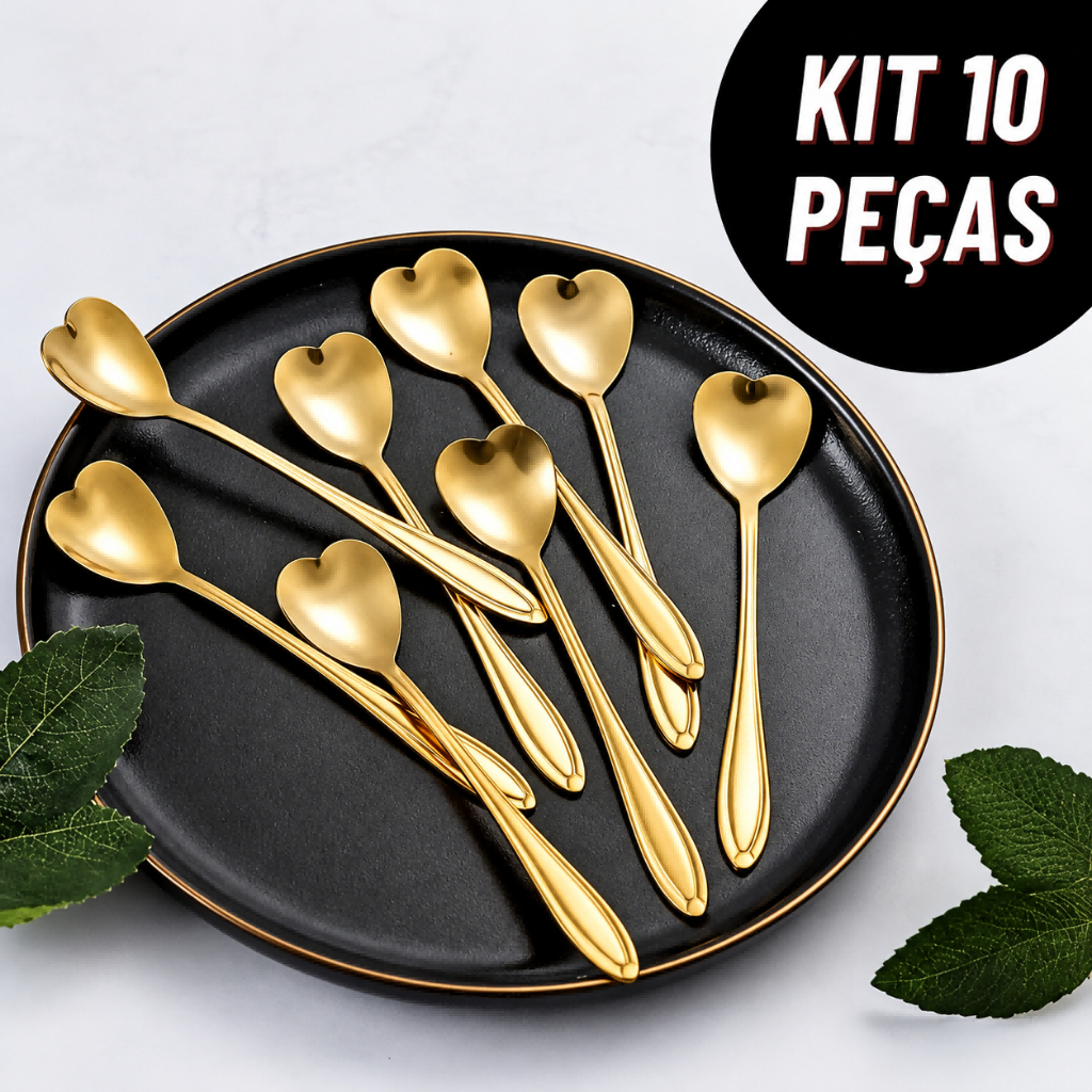 Kit Colheres Coração Fofa para Cozinha Mesa Posta Douradas Café Sobremesa Chá Aço Inoxidável