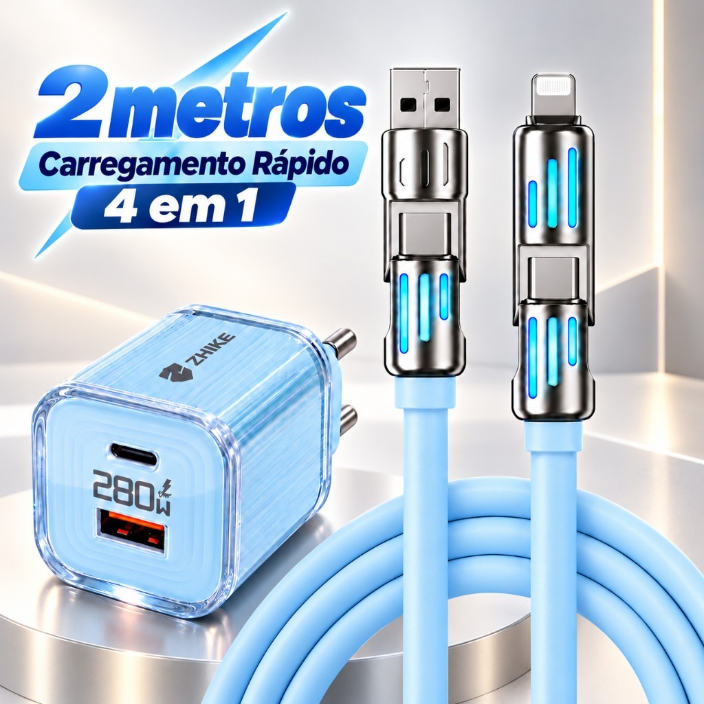 Carregador Turbo Rapido GaN 280W Bivolt USB C e A 2 Portas Kit Cabo 4 em 1 Silicone 2 Metros RGB Celular Notebook ZHIKE