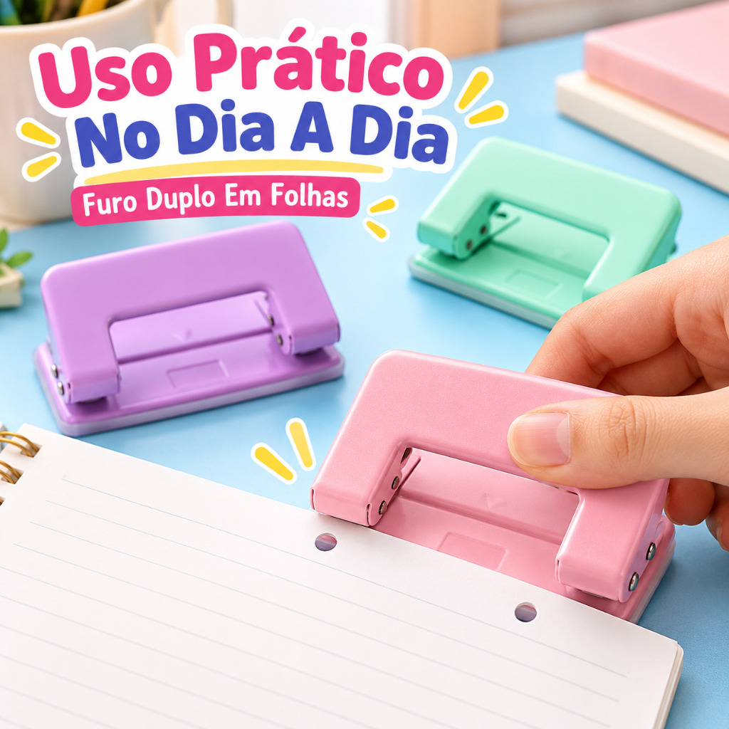 Perfurador Manual De Papel Furo Duplo Tons Pastéis Rosa Lilás Verde · foto 2