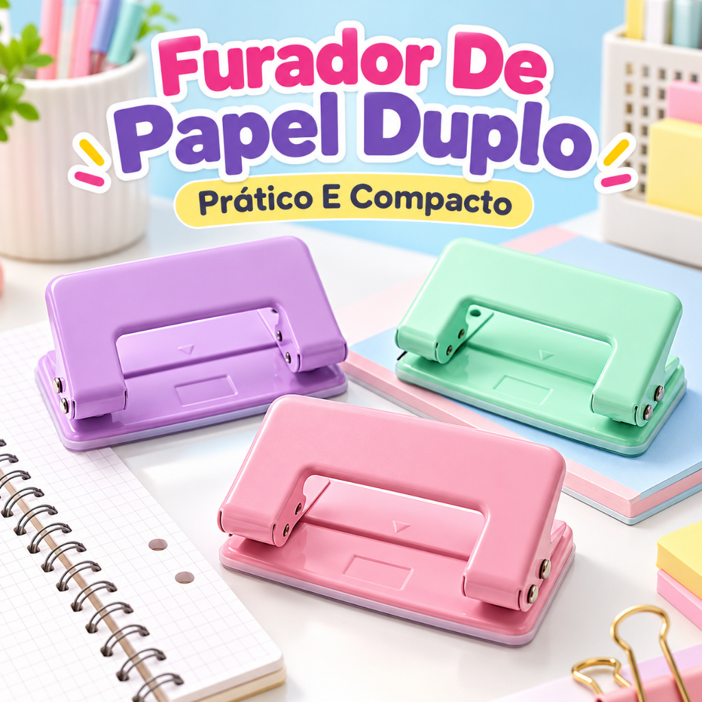 Perfurador Manual De Papel Furo Duplo Tons Pastéis Rosa Lilás Verde
