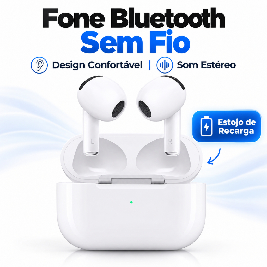 Fone de Ouvido Bluetooth Sem Fio TWS Estéreo Semi In Ear com Estojo Carregador Branco