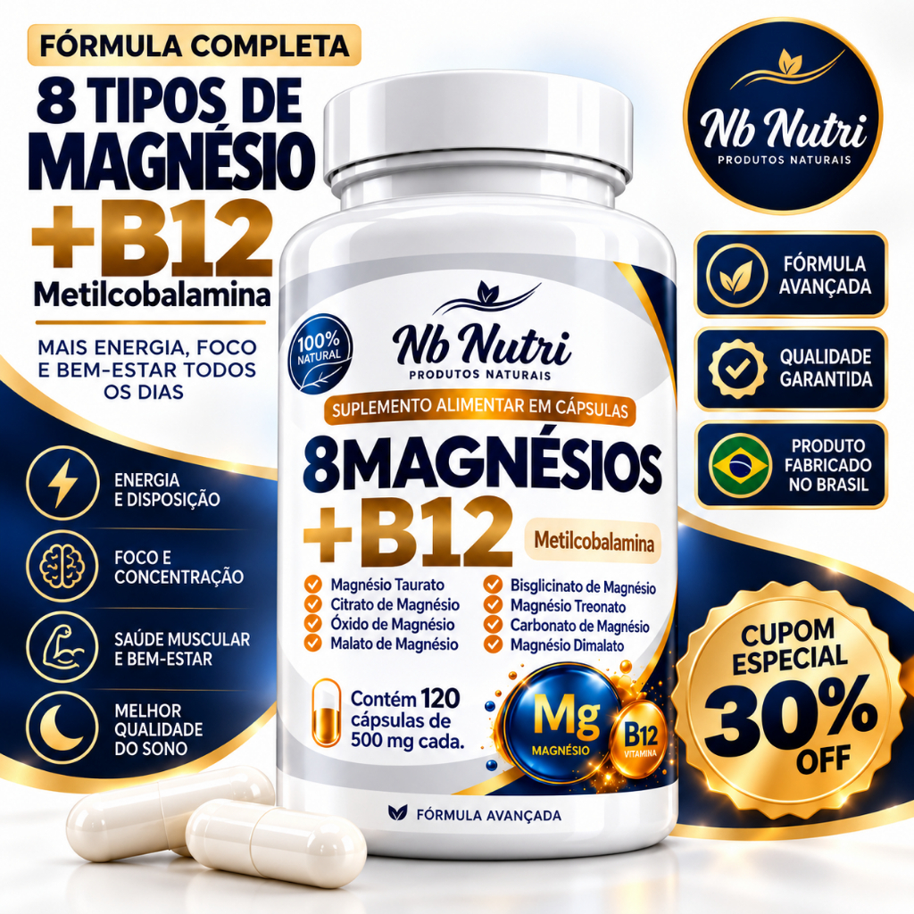 Vitamina B12 com 8 Tipos de Magnésio 120 Cápsulas Suplemento Alimentar