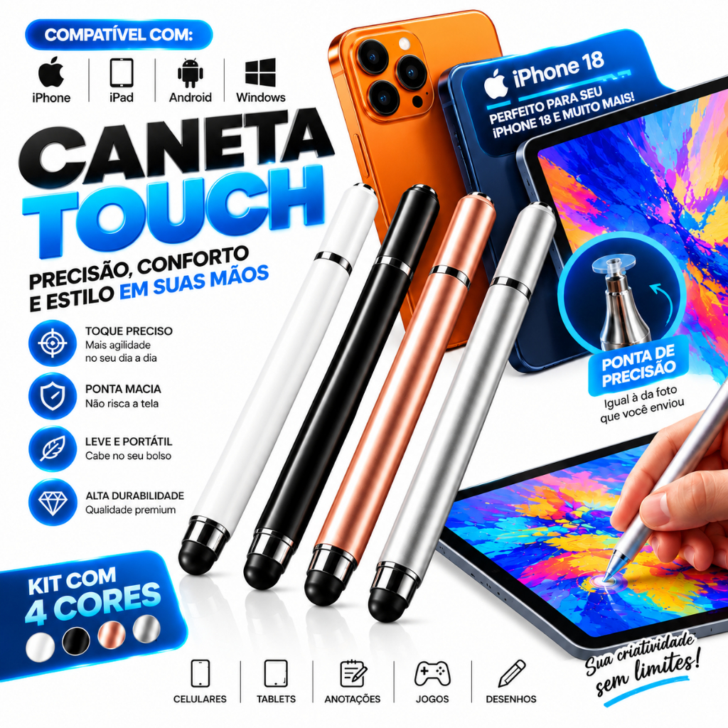 Caneta Touch Stylus 2 em 1 Ponta Fina para Celular Tablet iPhone iPad Android