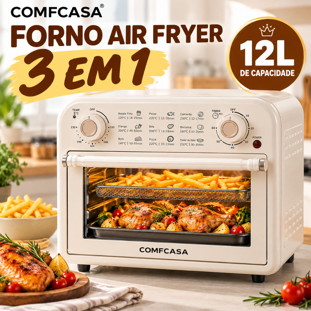 Forno Elétrico de Bancada 12L 1200W Air Fryer 3 em 1 com Timer 60 Min e Circulação de Ar