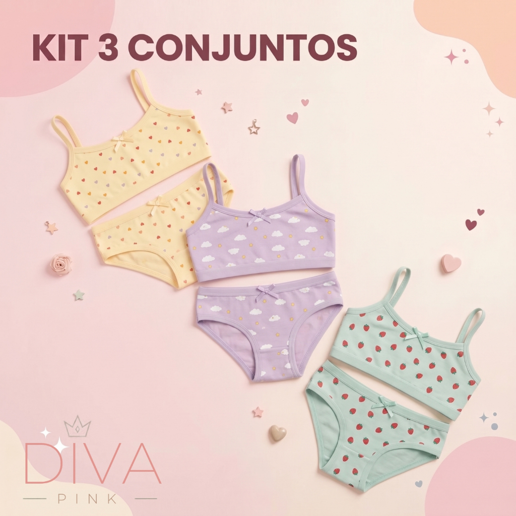 Kit 3 Conjuntos Estampados Algodão Moda Infantil Menina Top e Calcinha Confortável