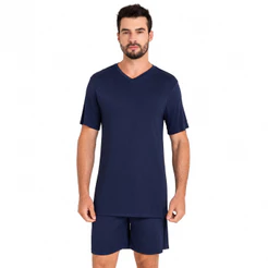 Pijama Masculino Adulto Manga Curta E Shorts Azul Marinho