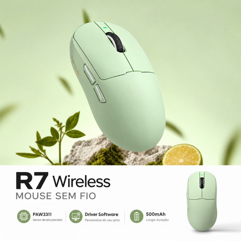 FURYCUBE R7 Wireless Mouse BT 2.4g PAW3311 22000DPI 500mAh 63g Ergonômico Software Jogos Escritório pc laptop win mac
