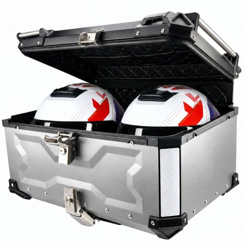 Bau de Moto Traseiro 65 Litros Universal Aluminio ACM Prata Cabe 2 Capacetes Com Suporte e Encosto