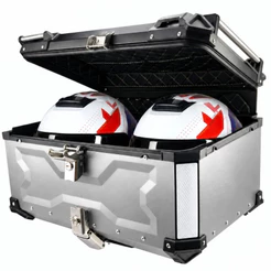 Bau de Moto Traseiro 65 Litros Universal Aluminio ACM Prata Cabe 2 Capacetes Com Suporte e Encosto