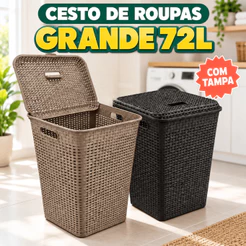 Cesto Balde Roupa Suja Grande 72L Rattan Roupeiro Balaio Tampa Organizador Lavanderia Banheiro Família Casa