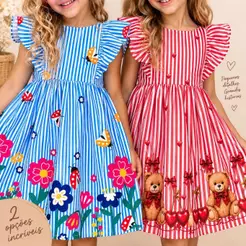 Vestido Infantil Menina Princesa Vermelho Natal Listrado Barrado Varias Cores para Festas De Natal