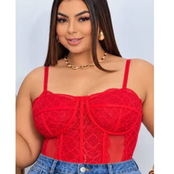 Cropped Corset Feminino Plus Size de Renda Sem Bojo Com Aro Alças Finas, Transparência e Modelagem Estilo Corselet