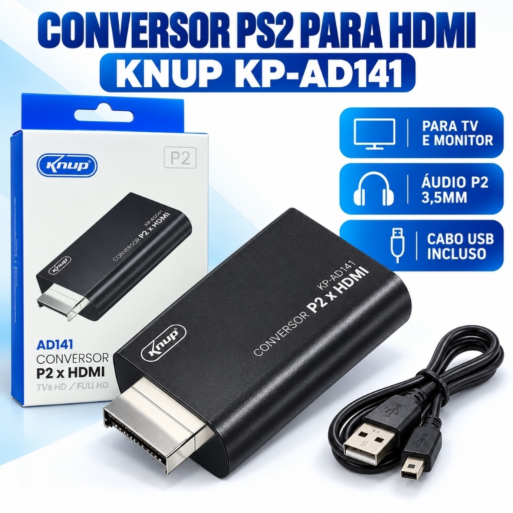 Conversor PS2 para HDMI Knup KP-AD141 Áudio P2 3,5mm com Cabo USB para TV e Monitor