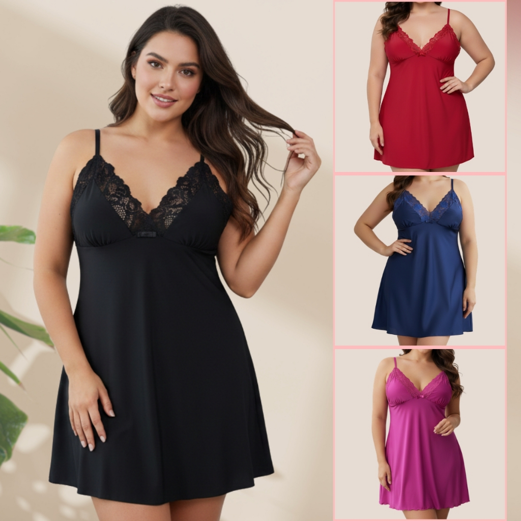 Camisola Plus Size Renda Delicada Confortável Alcinha Regulável Vestido de Dormir Pijama 50 a 54