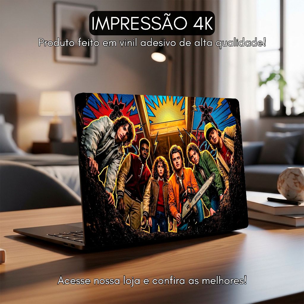 Skin Adesivo Para Notebook Stranger Things Grupo Onze Steve Proteção Beleza e Estilo em VInil 4K