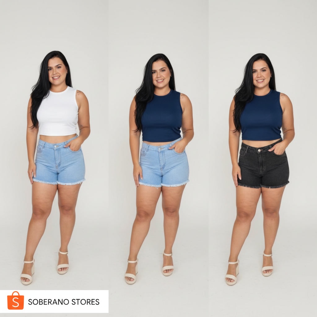 Kit Feminino Short Jeans Cintura Alta + Cropped Malha Ribana P ao GG Blogueira Soberano Stores